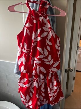 Pink Lily Red and White Halter Leaf-Print Kids Dress